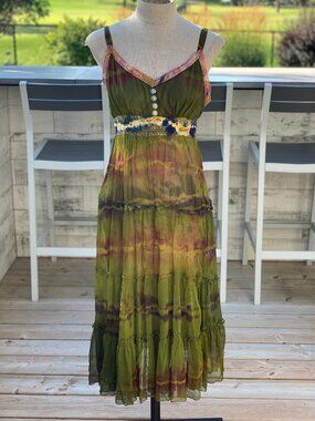 Papa Boho Midi Dress S Green Tie-dye Sheer Tiered Crochet Fairy Festival Hippie
